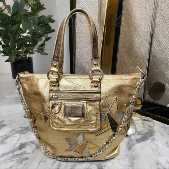 Coach Gold Metallic Leather Poppy Shoulder Bag - No Long Strap - Picture 1 of 9